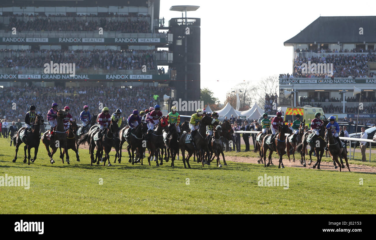 A false start on the first attempt at starting the Randox Health Grand National on Grand National Day of the Randox Health Grand National Festival at Aintree Racecourse. Stock Photo