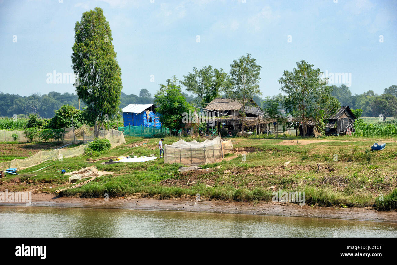 Rural settlements on the banks of the Mekong River, Cambodia Stock