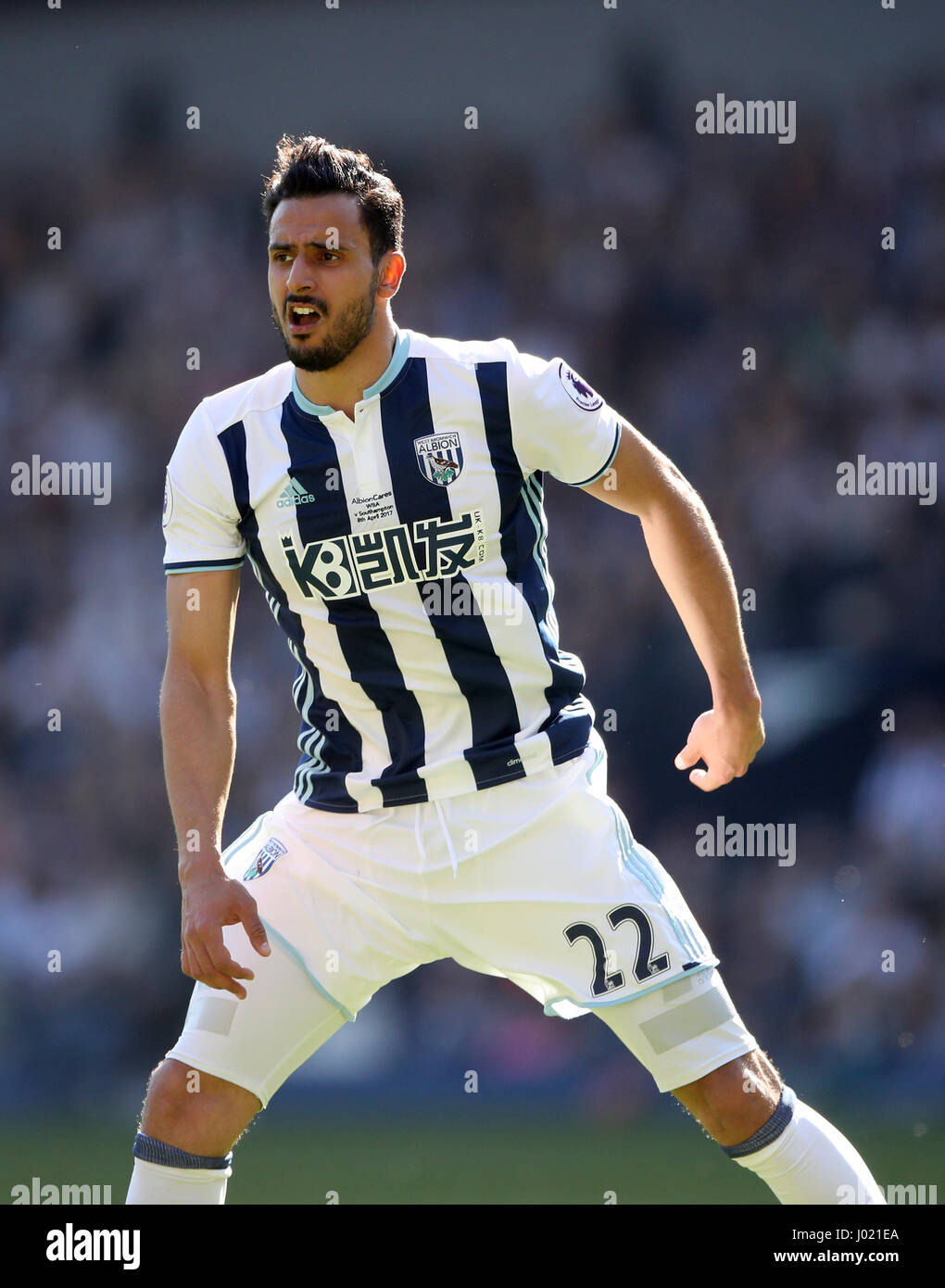 West Bromwich Albion's Nacer Chadli during the Premier League match at The Hawthorns, West Bromwich. PRESS ASSOCIATION Photo. Picture date: Saturday April 8, 2017. See PA story SOCCER West Brom. Photo credit should read: Nick Potts/PA Wire. RESTRICTIONS: EDITORIAL USE ONLY No use with unauthorised audio, video, data, fixture lists, club/league logos or 'live' services. Online in-match use limited to 75 images, no video emulation. No use in betting, games or single club/league/player publications Stock Photo