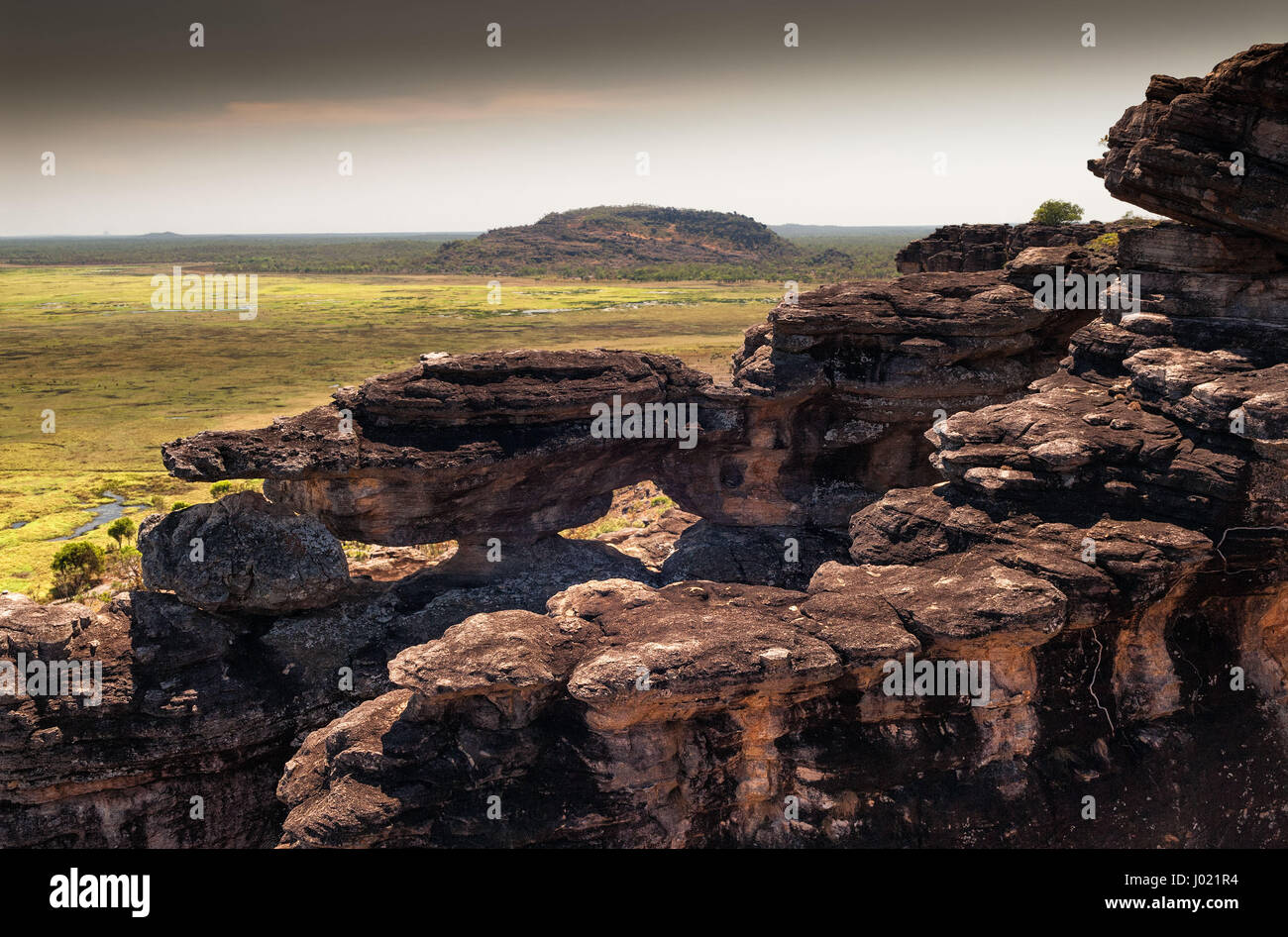 Dusk at the top of Ubirr rock looking down at the Nadab floodplains. Northern Territory, Australia Stock Photo