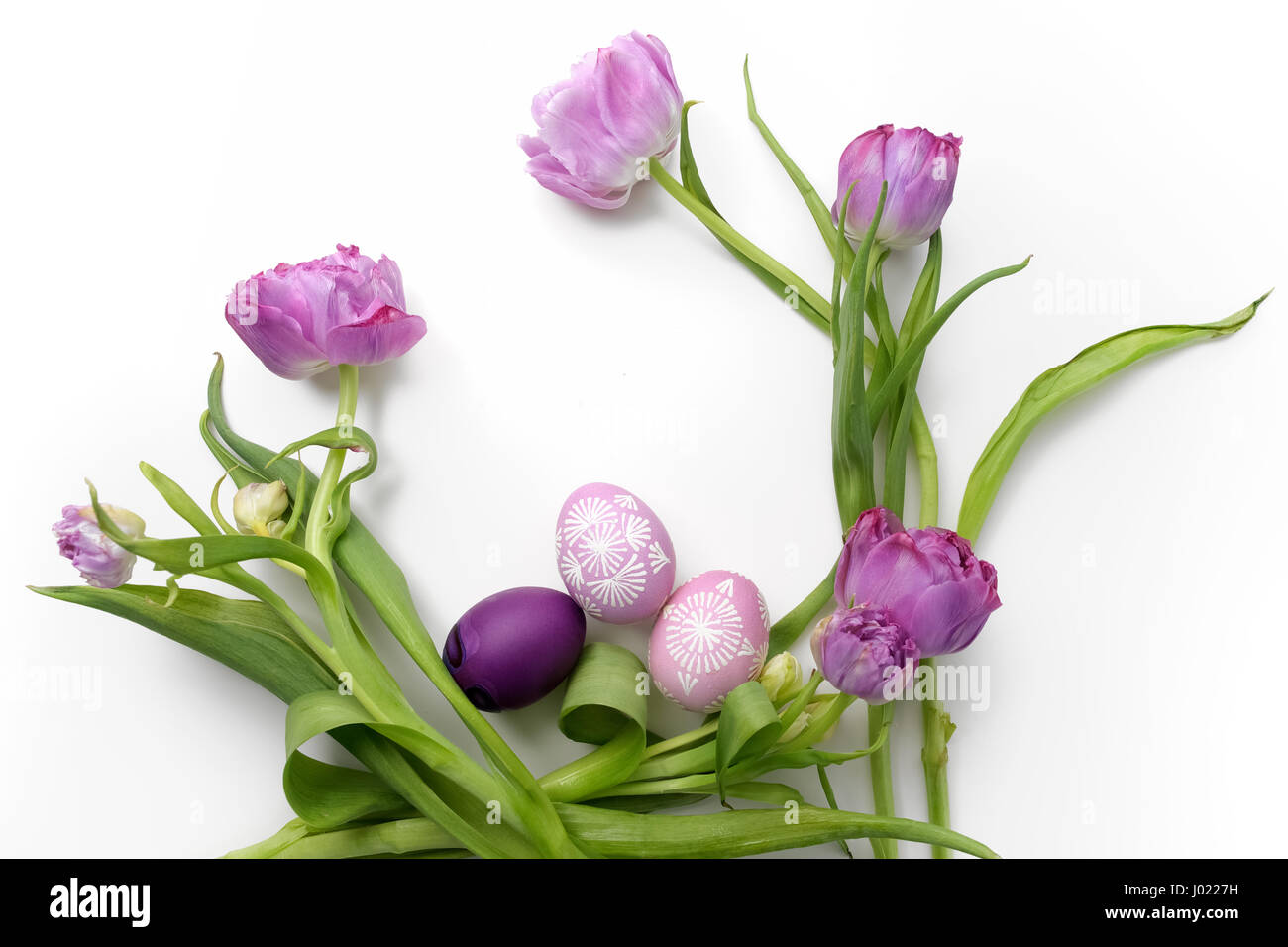 Easter eggs and tulips on white background. Flat lay. Top view Stock ...