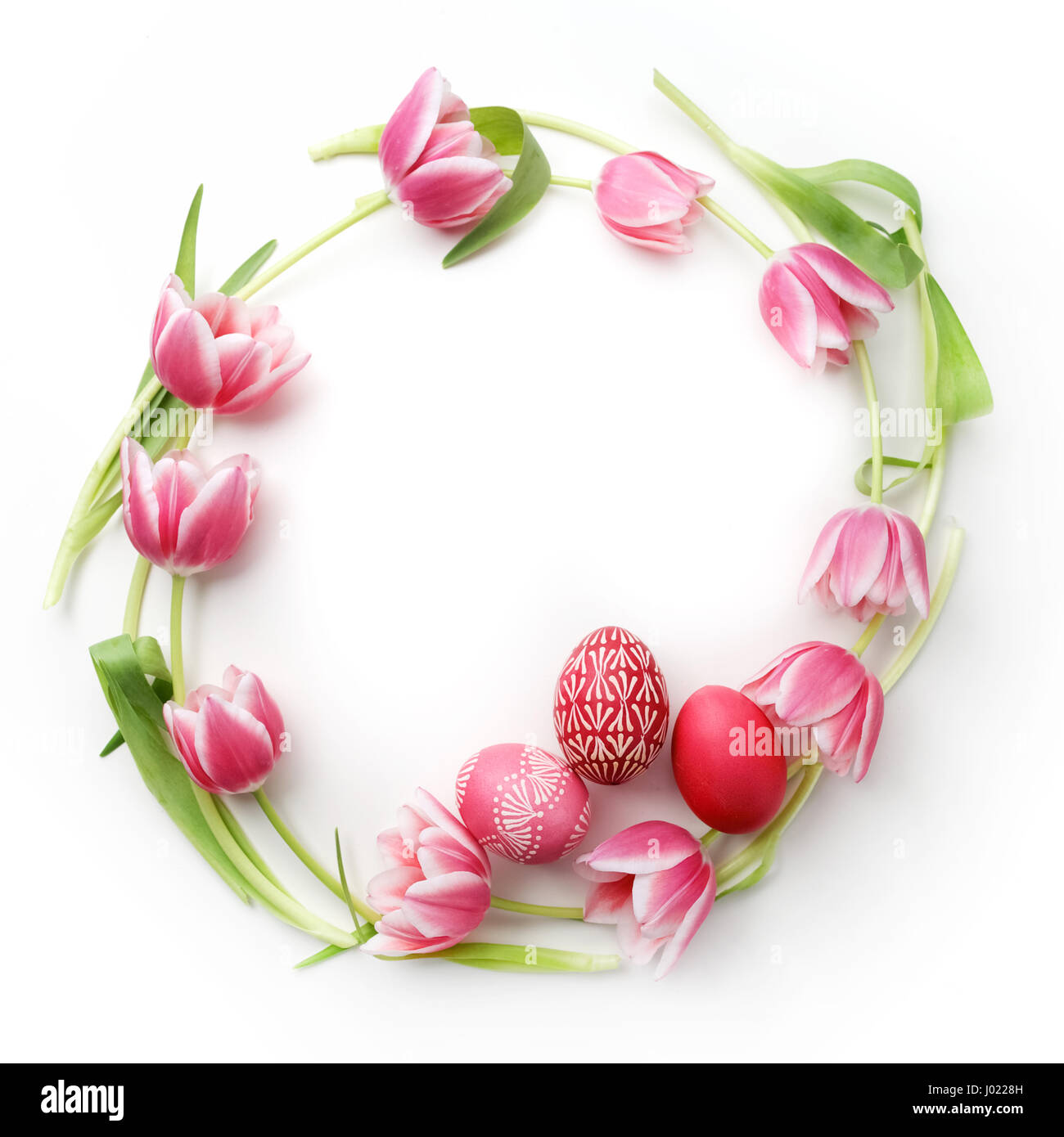 Easter eggs and tulips on white background. Flat lay. Top view Stock ...