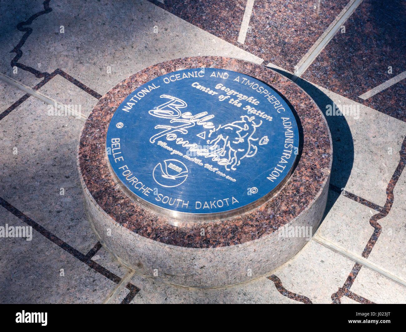 Geographic Center of the Nation Sign in the Historic District of Belle Fourche, South Dakota, USA Stock Photo