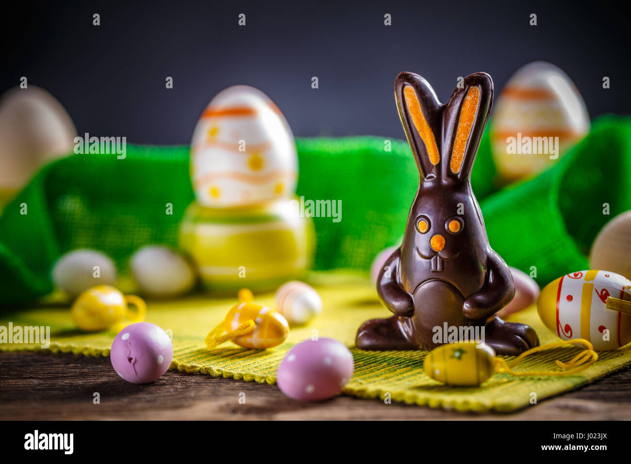 Happy Easter concept with chocolate rabbit and eggs Stock Photo Alamy