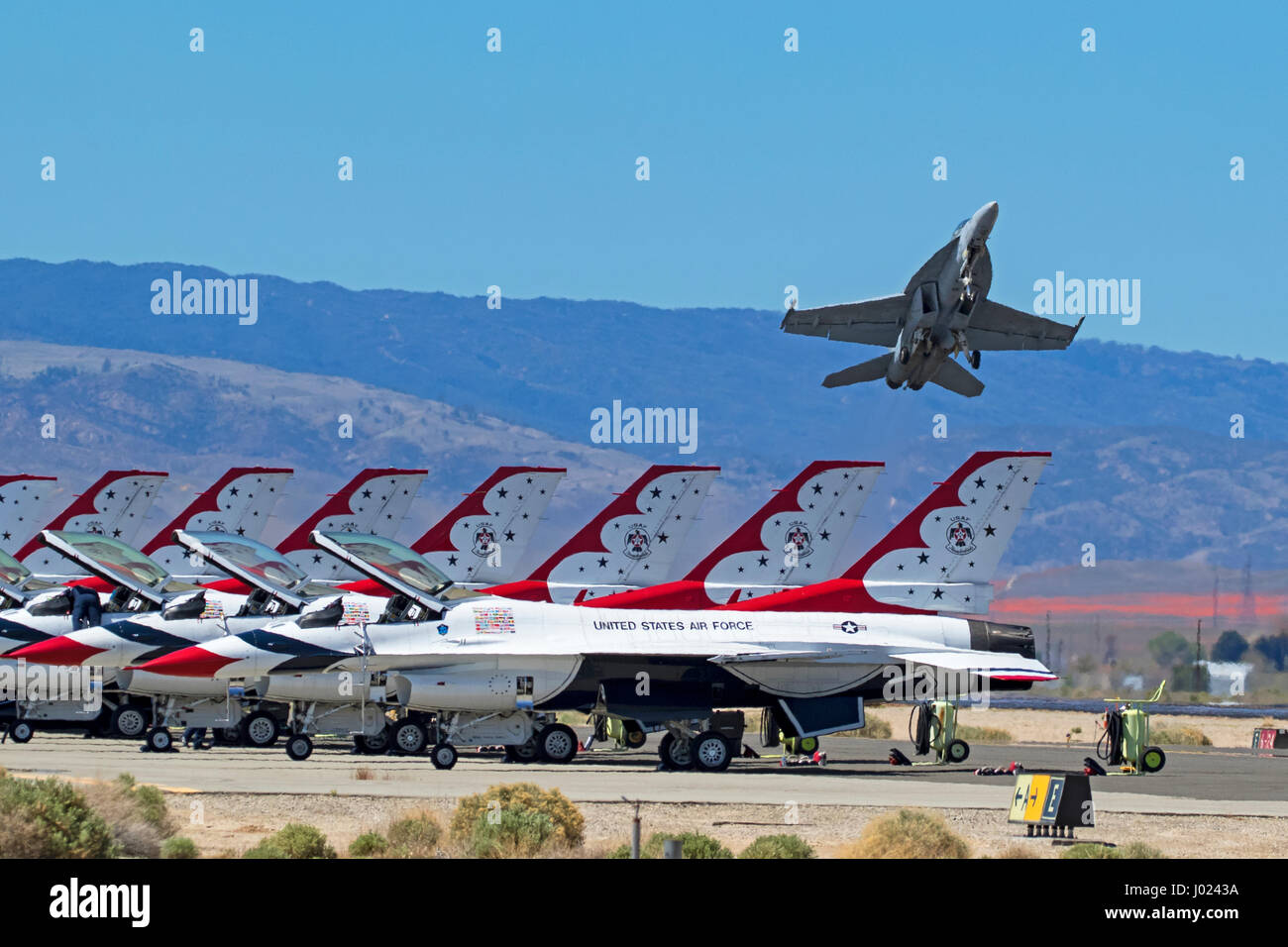 Airplane US Air Force Thunderbirds F16 jet fighter at Los Angeles Air