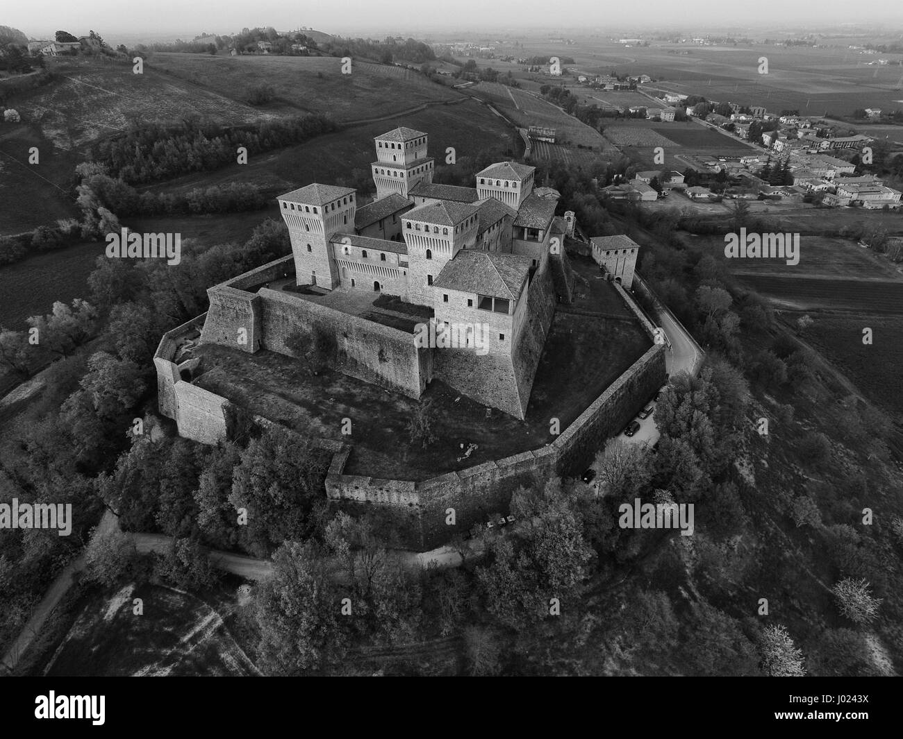TORRECHIARA CASTLE (aerial view). Langhirano, Emilia Romagna, Italy Stock Photo