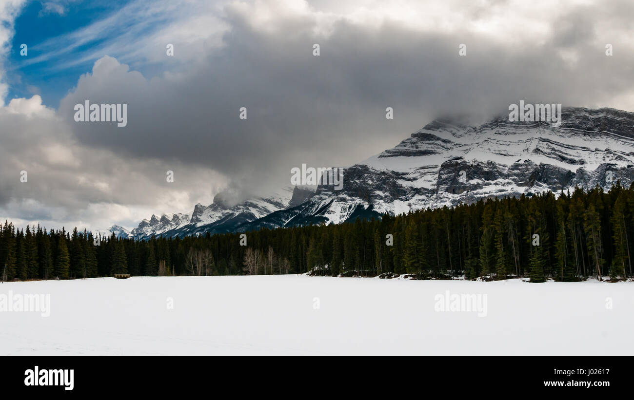 Snowshoeing Johnson Lake in Banff National Park Alberta Canada in
