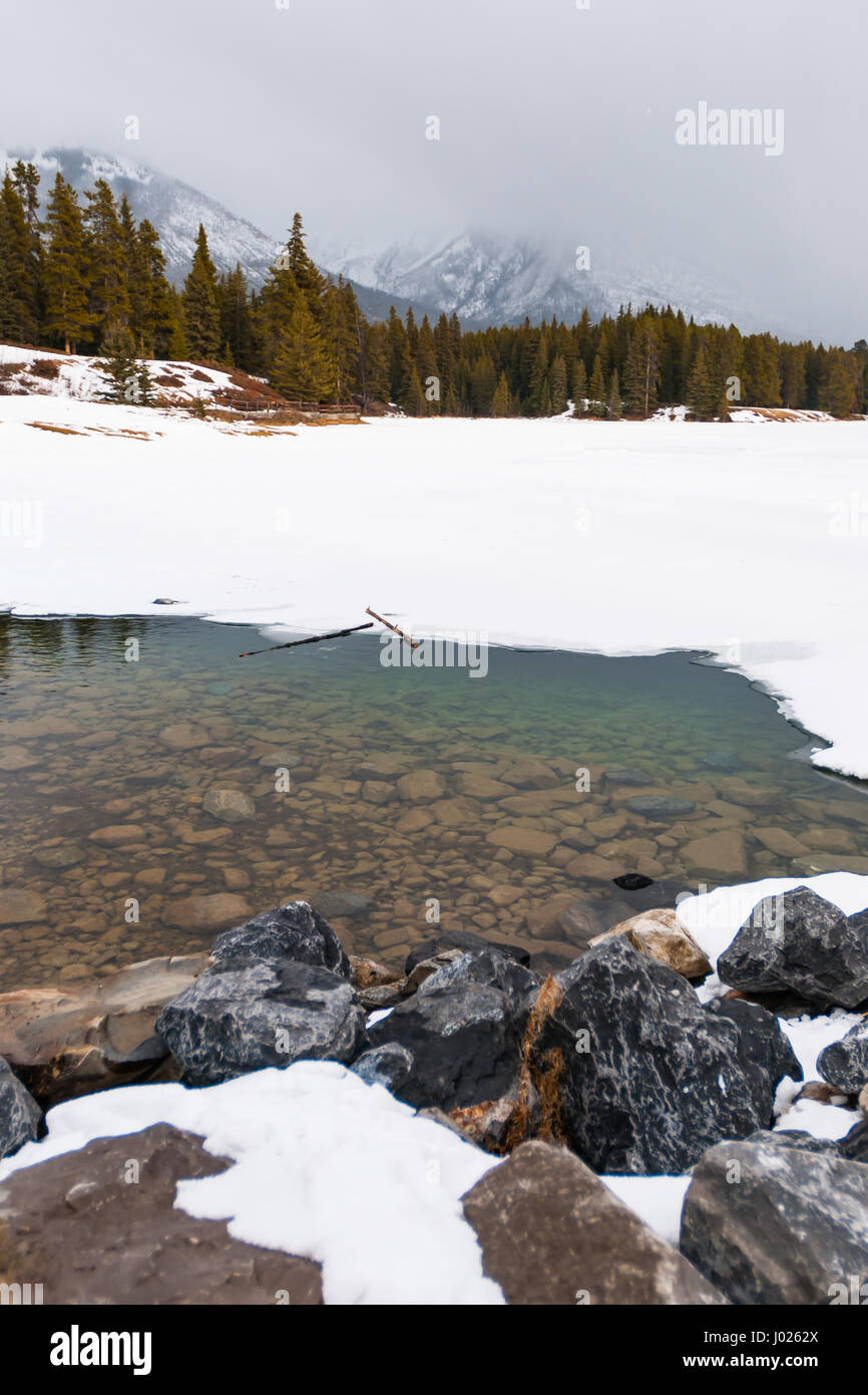 Snowshoeing Johnson Lake in Banff National Park Alberta Canada in
