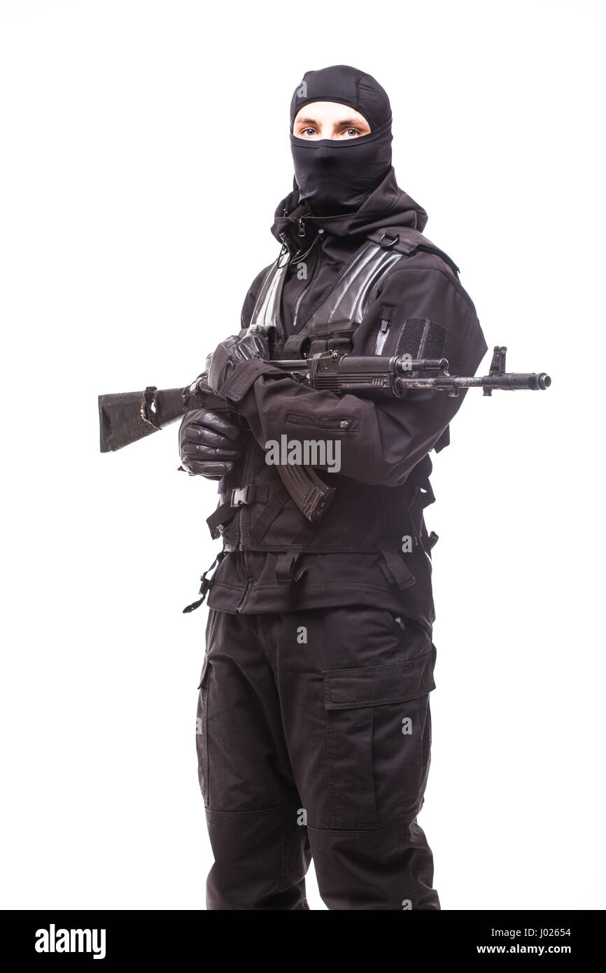 Soldier with rifle on a white background Stock Photo - Alamy
