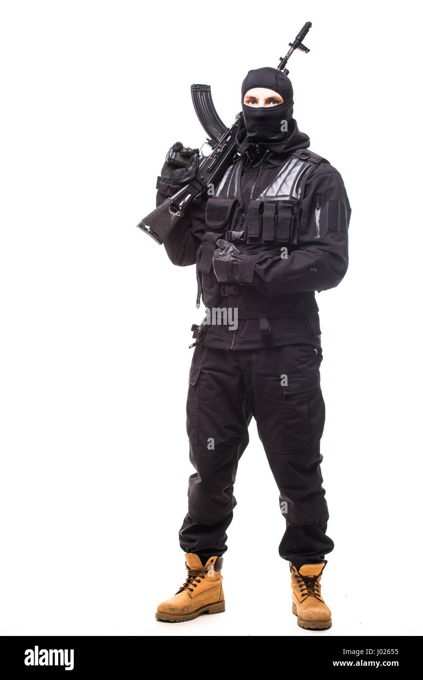 Soldier with rifle on a white background Stock Photo - Alamy