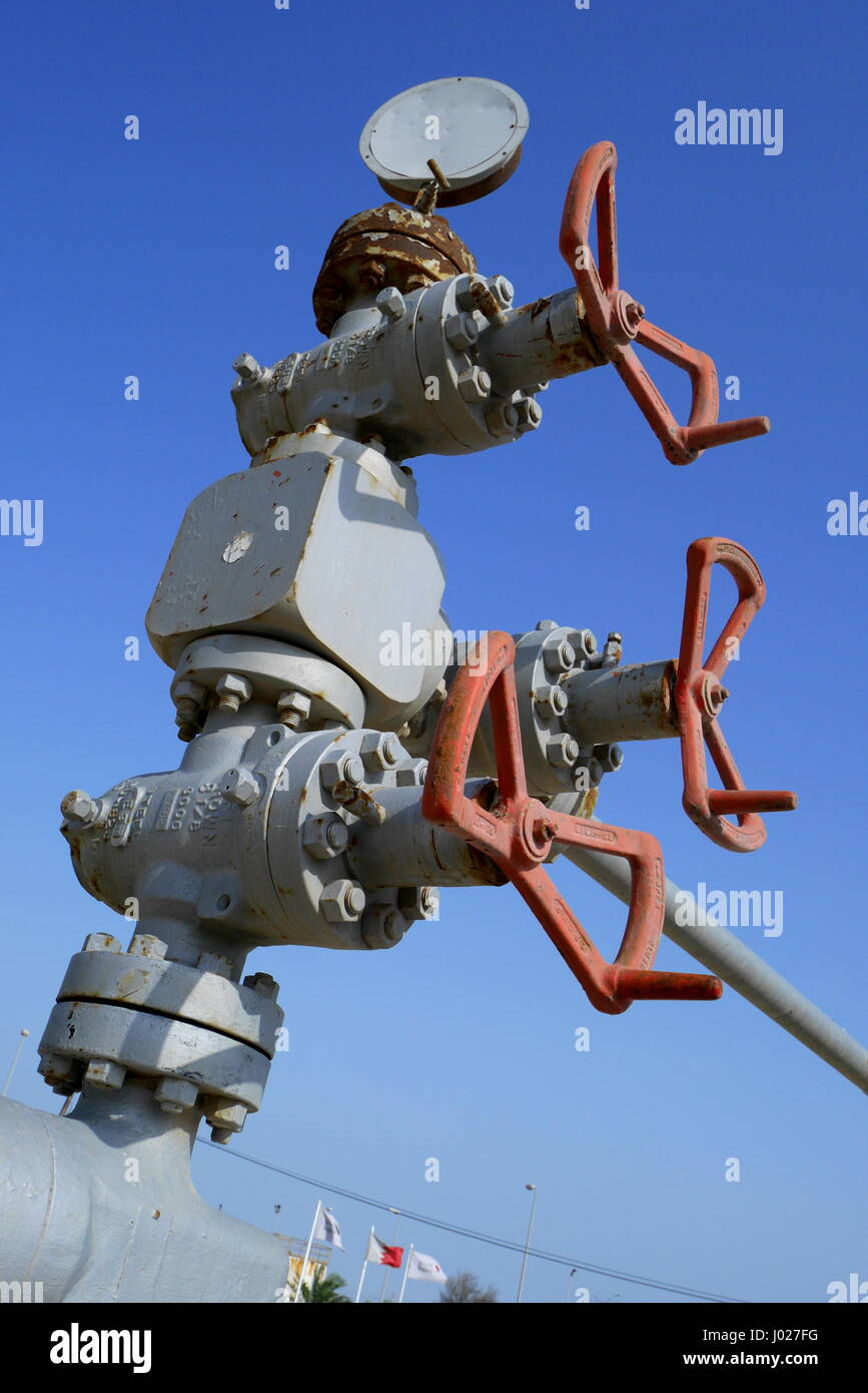 Valves on a oil well head, Oil Well number 1, Kingdom of Bahrain Stock