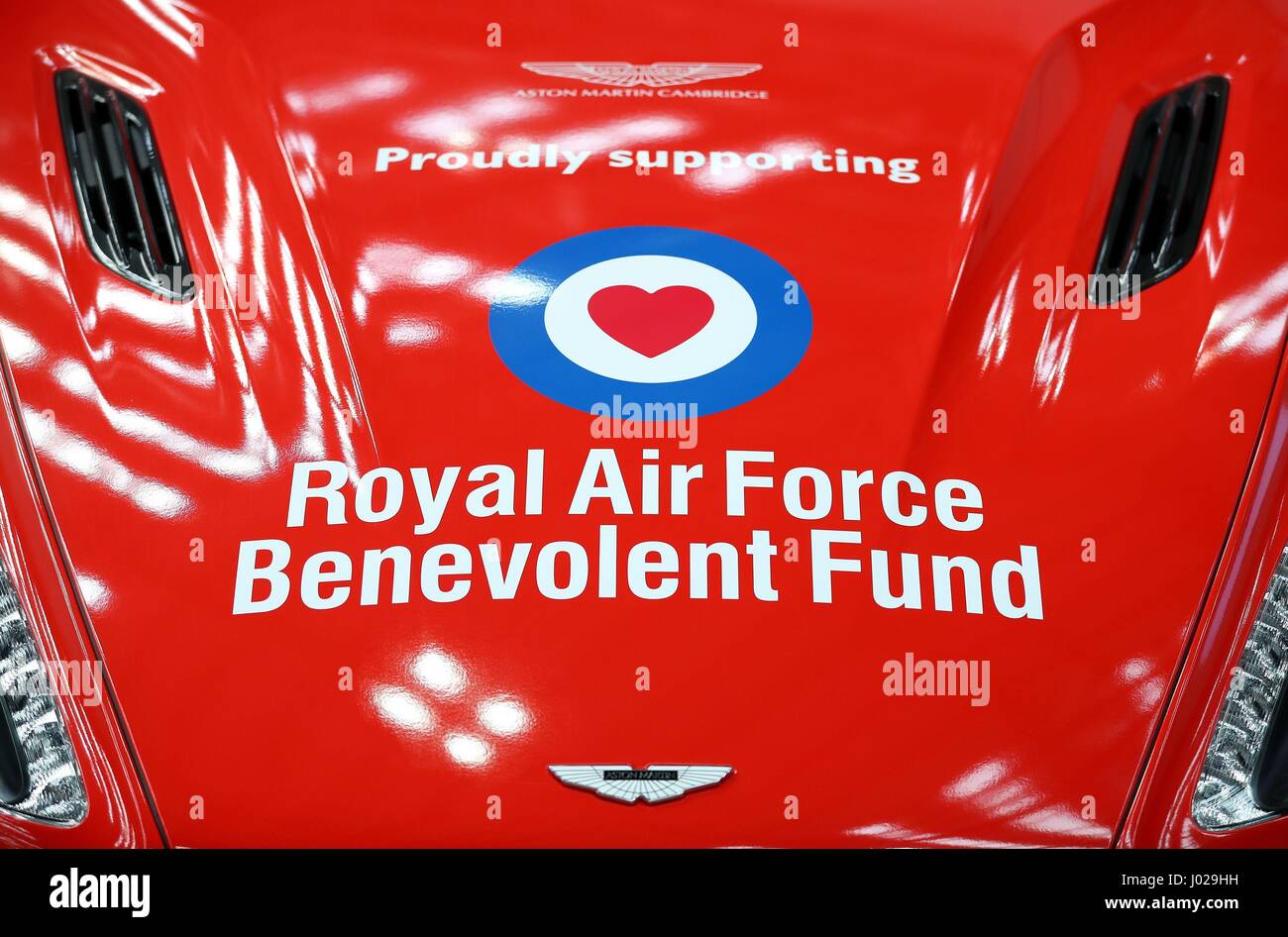 Detailed view of the Royal Air Force Benevolent Fund branding on an Aston  Martin Vanquish car 'Red 10' at Aston Martin St Athan, Wales, which is  being made especially for the RAF