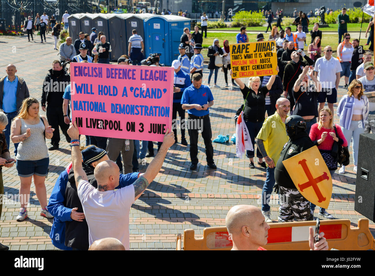 Birmingham, UK. 8th April, 2017. On the aftermath of the terrorist attacks in London on March 22nd, the English Defence League (EDL) stages a rally to protest the 'islamisation' of the UK, amongst other issues Credit: Alexandre Rotenberg/Alamy Live News Stock Photo