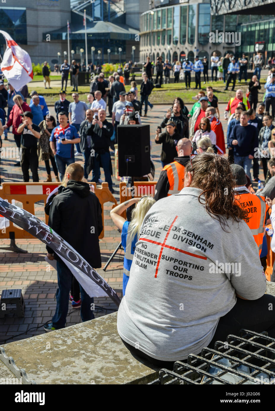 Birmingham, UK. 8th April, 2017. On the aftermath of the terrorist attacks in London on March 22nd, the English Defence League (EDL) stages a rally to protest the 'islamisation' of the UK, amongst other issues Credit: Alexandre Rotenberg/Alamy Live News Stock Photo