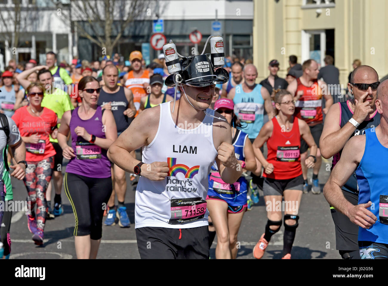 Brighton, UK. 9th Apr, 2017. This runner has his own beer supply as thousands of runners take