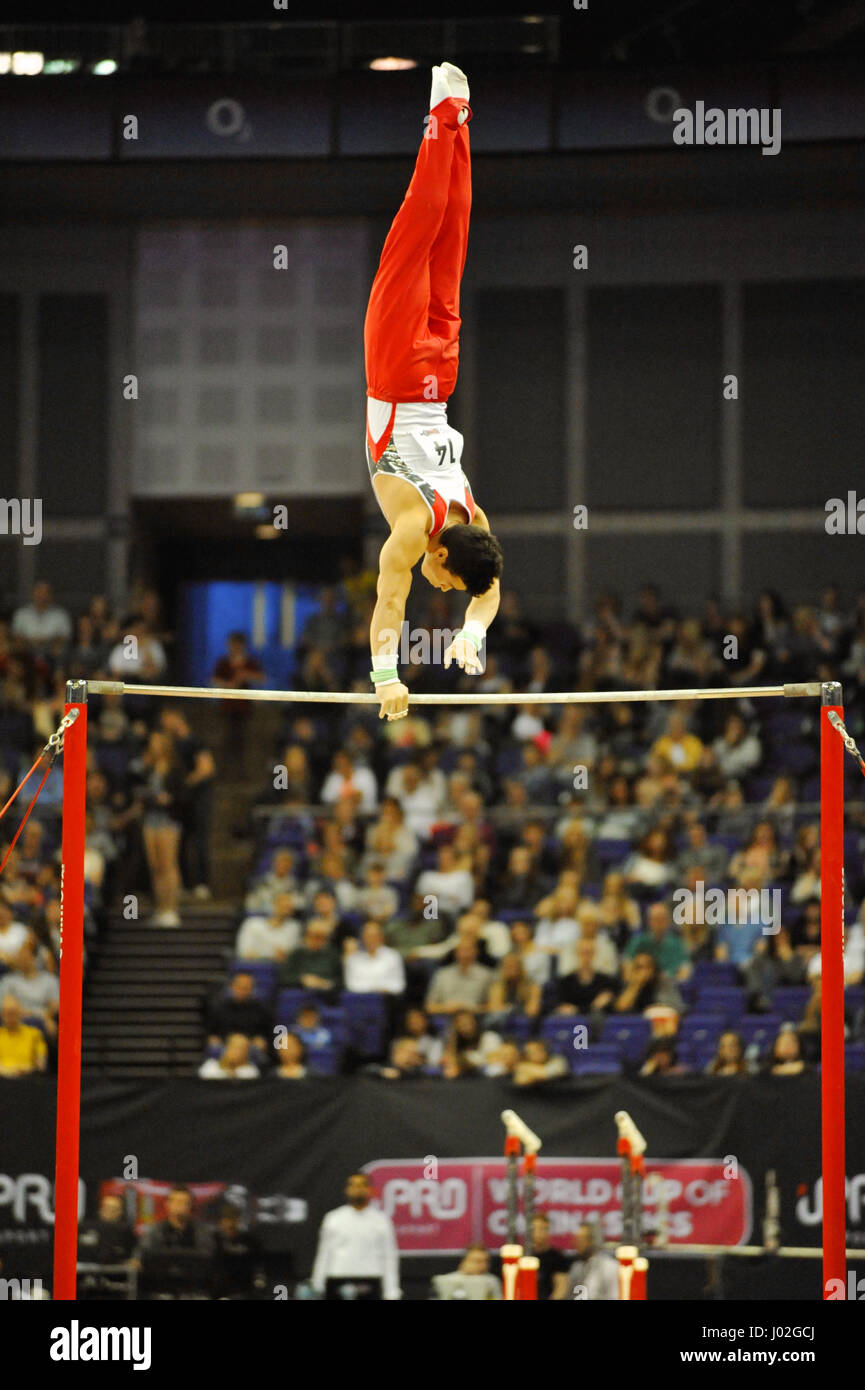 London, UK. 8th April, 2017. Eddy Yusof (SUI) competing in the High Bar ...