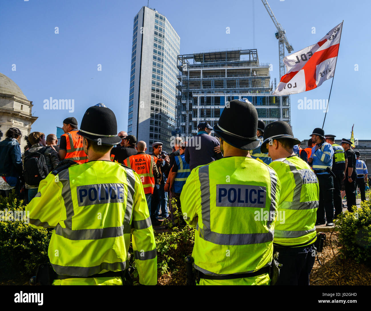Birmingham, UK. 8th Apr, 2017. On the aftermath of the terrorist attacks in London on March 22nd, the English Defence League (EDL) stages a rally to protest the "islamisation" of the UK, amongst other issues Credit: Alexandre Rotenberg/Alamy Live News Stock Photo