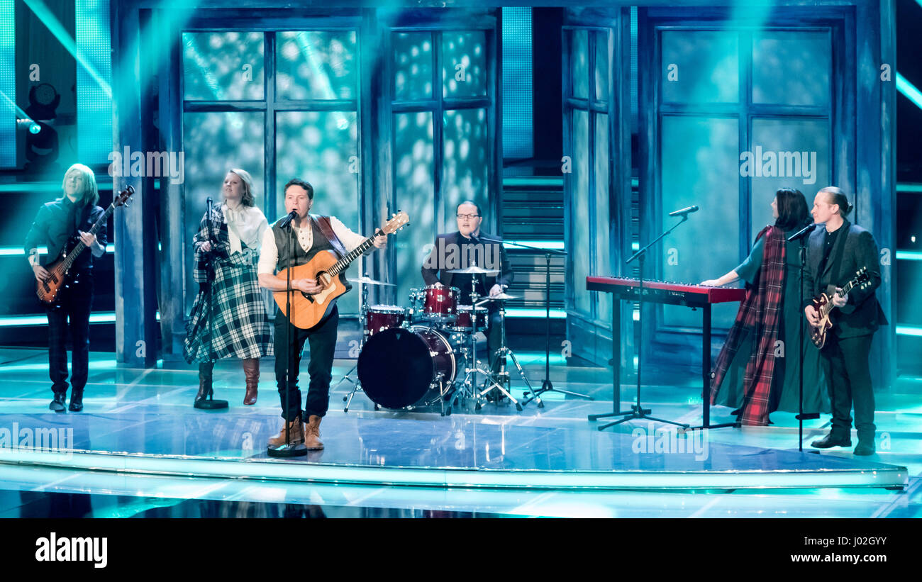 Magdeburg, Germany. 08th Apr, 2017. The Kelly Family during the recording of the TV show 'Willkommen bei Carmen Nebel' (lt. 'Welcome to Carmen Nebel's') in the GETEC Arena in Magdeburg, Germany, 08 April 2017. The show will be broadcast 13 April 2017 at 20:15 pm on ZDF. - NO WIRE SERVICE- Photo: Andreas Lander/dpa/Alamy Live News Stock Photo