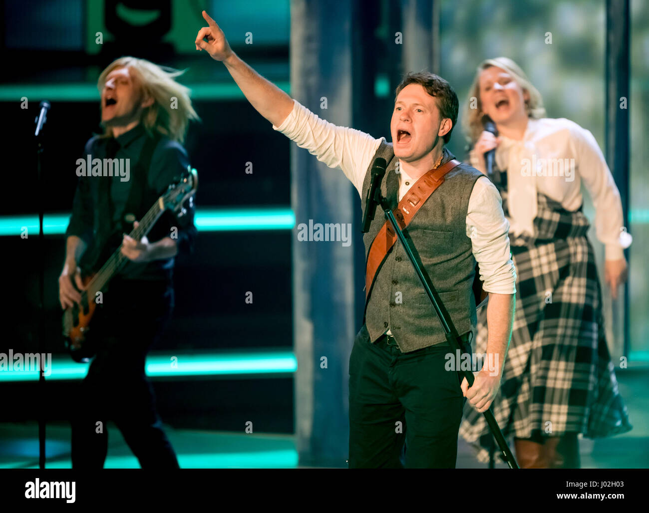 Magdeburg, Germany. 08th Apr, 2017. The Kelly Family during the recording of the TV show 'Willkommen bei Carmen Nebel' (lt. 'Welcome to Carmen Nebel's') in the GETEC Arena in Magdeburg, Germany, 08 April 2017. The show will be broadcast 13 April 2017 at 20:15 pm on ZDF. - NO WIRE SERVICE- Photo: Andreas Lander/dpa/Alamy Live News Stock Photo