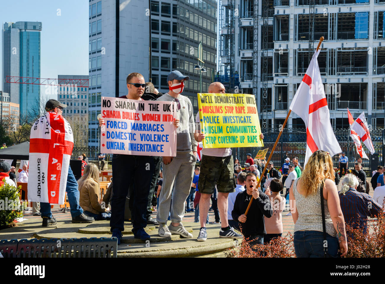 Birmingham, UK. 8th April, 2017. On the aftermath of the terrorist attacks in London on March 22nd, the English Defence League (EDL) stages a rally to protest the 'islamisation' of the UK, amongst other issues Credit: Alexandre Rotenberg/Alamy Live News Stock Photo