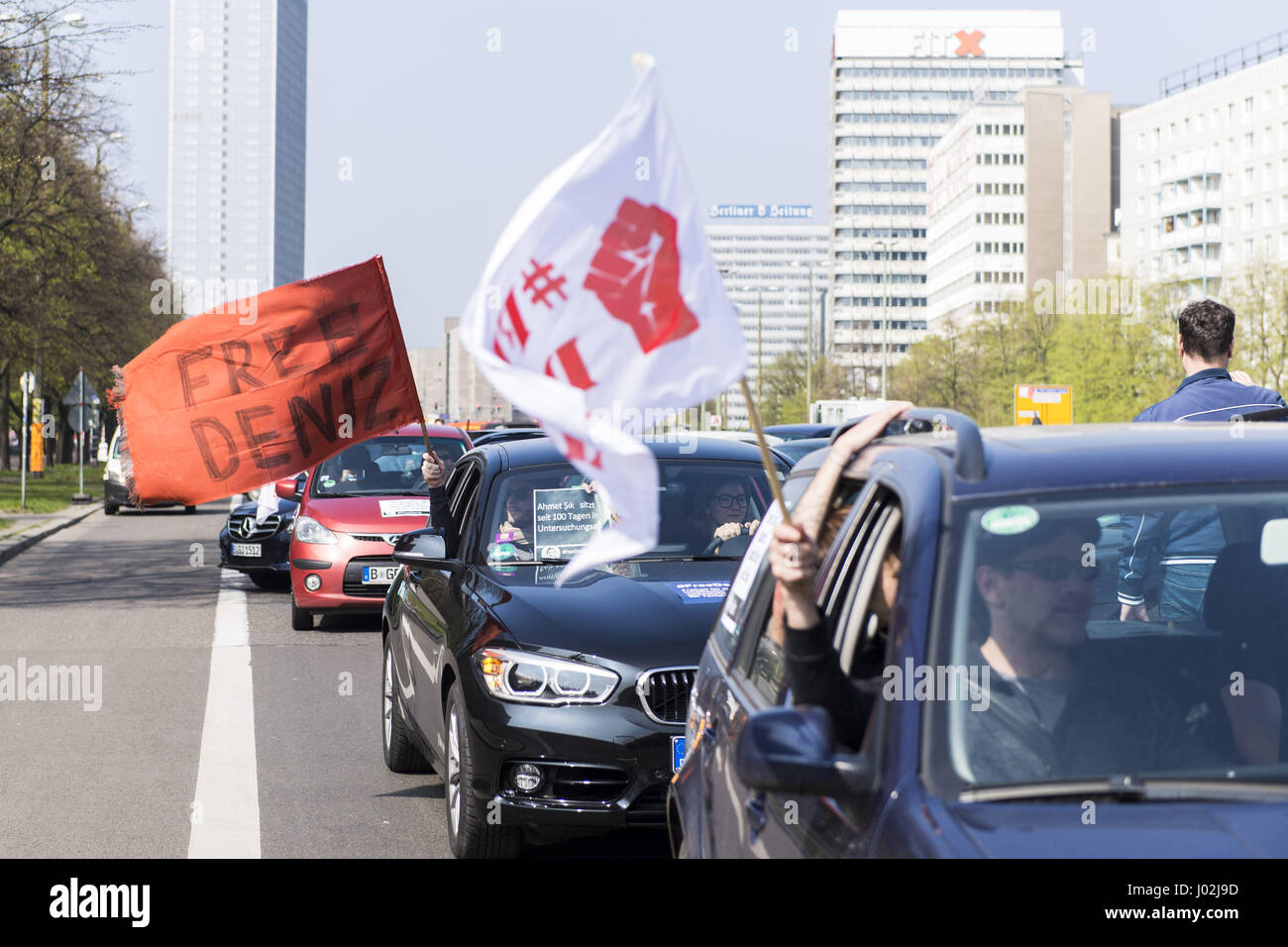 Berlin, Berlin, Germany. 9th Apr, 2017. About three dozen cars drove from the Karl-Marx-Allee through Kreuzberg to the Turkish embassy in TiergartenstraÃŸe to protest for freedom of the press and the release of the German-Turkish journalist DENIZ YUCEL in Turkey. YUCEL, a German-Turkish dual national, with Die Welt, faces up to 10-1/2 years in prison after being arrested on charges of propaganda in support of a terrorist organization and inciting public violence. Credit: Jan Scheunert/ZUMA Wire/Alamy Live News Stock Photo