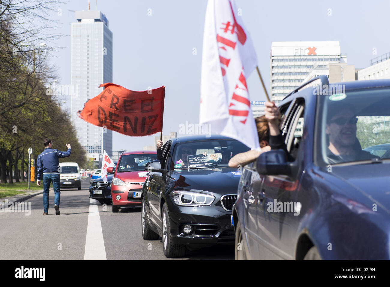 Berlin, Berlin, Germany. 9th Apr, 2017. About three dozen cars drove from the Karl-Marx-Allee through Kreuzberg to the Turkish embassy in TiergartenstraÃŸe to protest for freedom of the press and the release of the German-Turkish journalist DENIZ YUCEL in Turkey. YUCEL, a German-Turkish dual national, with Die Welt, faces up to 10-1/2 years in prison after being arrested on charges of propaganda in support of a terrorist organization and inciting public violence. Credit: Jan Scheunert/ZUMA Wire/Alamy Live News Stock Photo