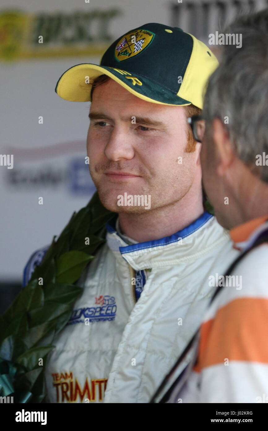 Silverstone, United Kingdom. 9th Apr, 2017. James Gornall talks to media and his team following his victory in the Silverstone race for the BMW Compact Cup during the BRSCC Race Meeting Stock Photo