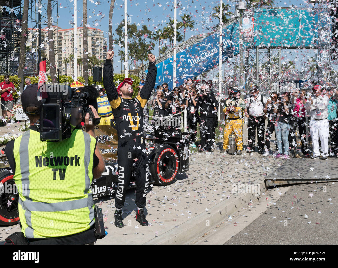 Long Beach, California, USA. 9th April, 2017. James Hinchcliffe driving the No. 5 Arrow Honda claims victory at the 43rd Toyota Grand Prix of Long Beach. Sebastien Bourdais of Dale Coyne Racing claimed 2nd place with Team Penske's Josef Newgarden taking 3rd place. Long Beach California. Steven Erler/CSM/Alamy Live News Stock Photo