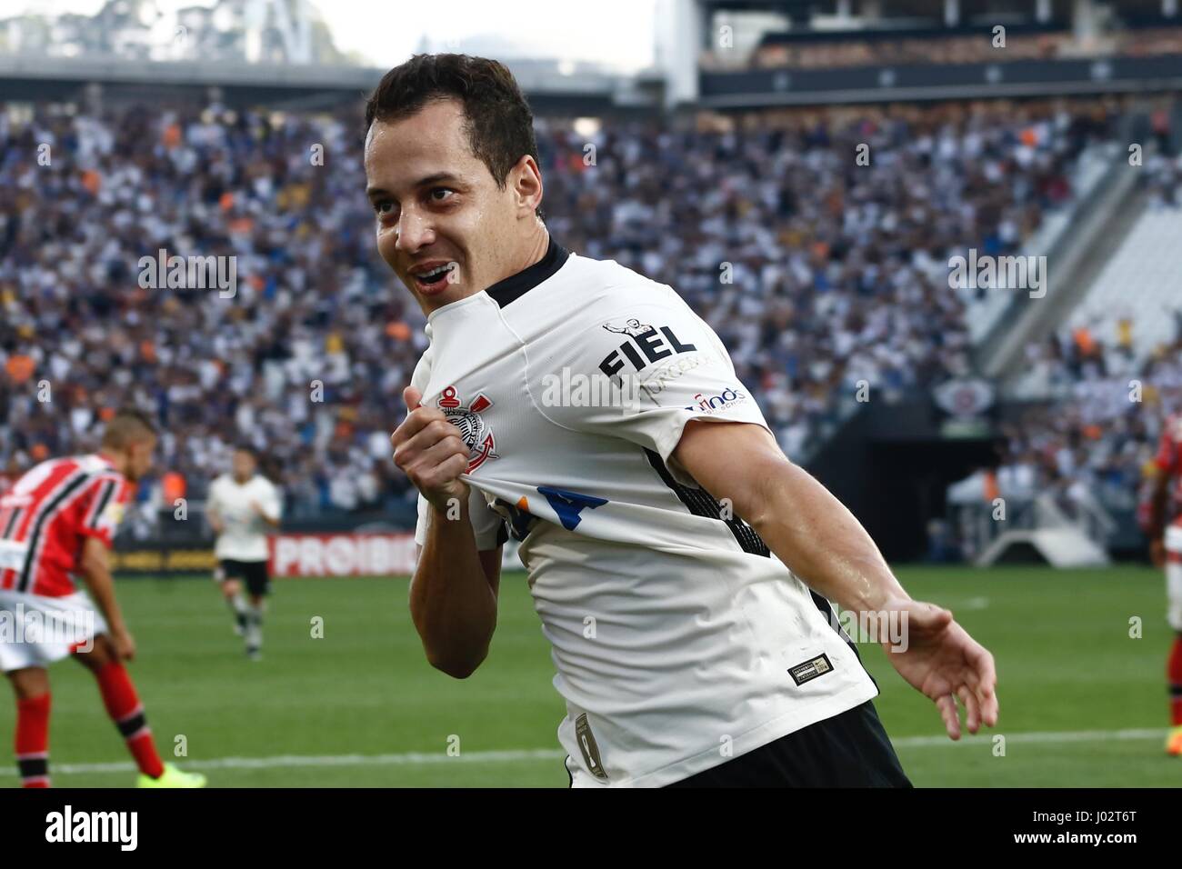 Rodriguinho do Corinthians celebrates goal during a match against Botafogo SP in the quarterfinals of the Campeonato Paulista, at Corinthians Arena, on Sunday afternoon, 09.  (PHOTO: ADRIANA SPACA/BRAZIL PHOTO PRESS) Stock Photo