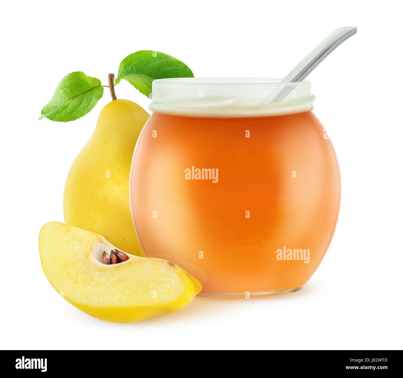 Isolated quince jelly. Cut quince fruits and open jam jar isolated on