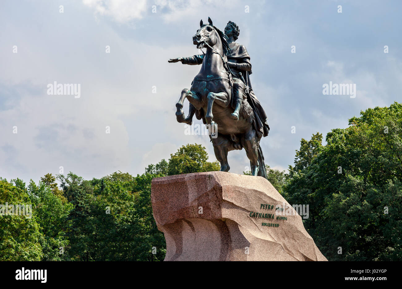 Equestrian statue of Russian Emperor Peter the Great (Bronze Horseman) in Saint-Petersburg, Russia. Opened in 1782. UNESCO World Heritage Site Stock Photo