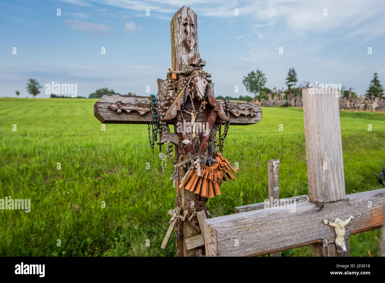 Wooden crosses on site of pilgrimage called Hill of Crosses, Lithuania Stock Photo