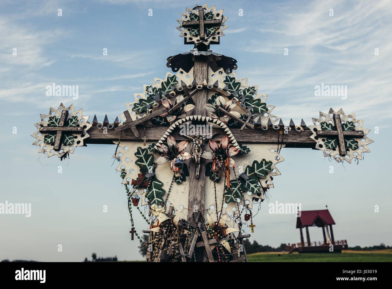 Wooden cross on Hill of Crosses in Lithuania Stock Photo
