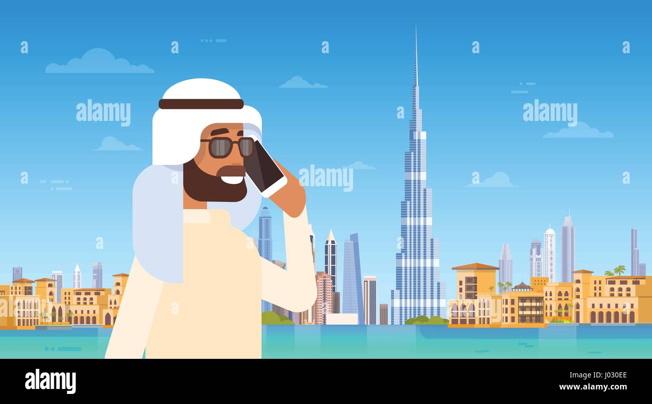 Arab Man Speaking On Cell Smart Phone Call Over Dubai Skyline Panorama
