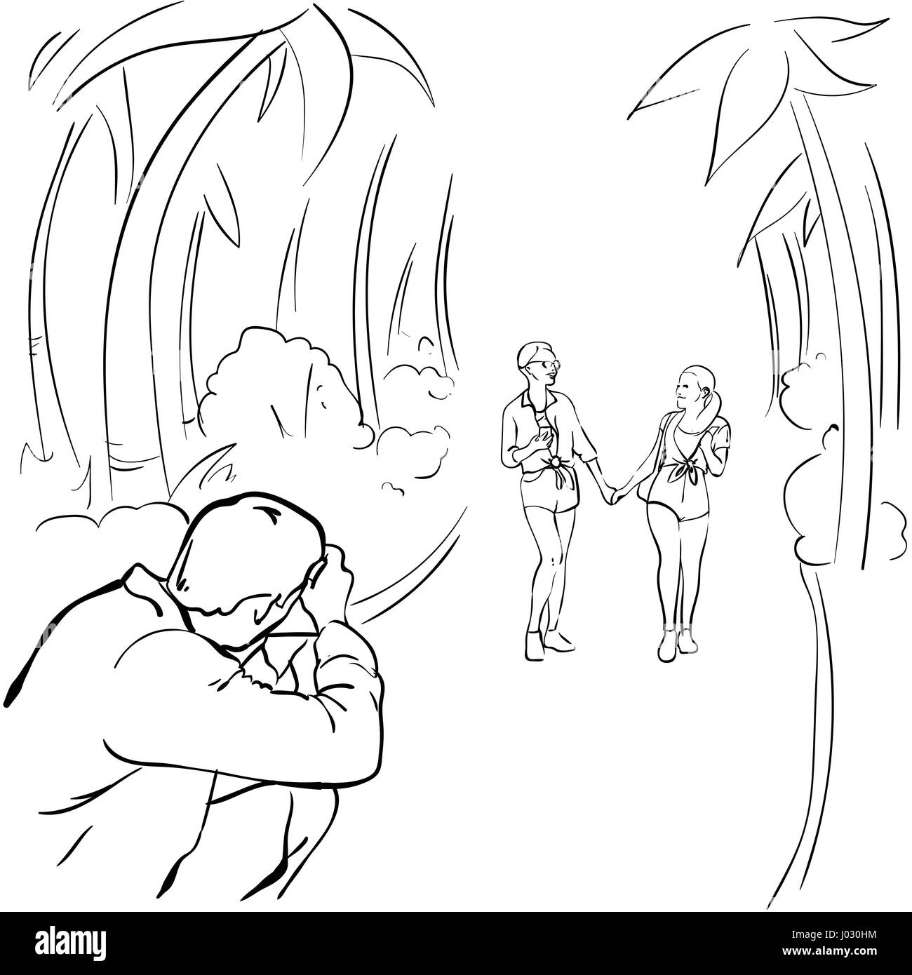 Photographer Taking Photo Of Romantic Couple Walking In Tropical Park Sketch Stock Vector