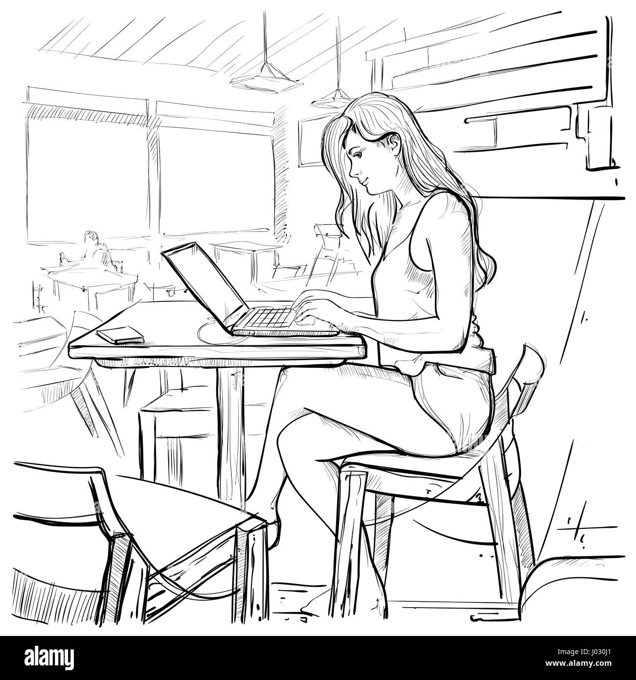 Girl Typing On Laptop Computer, Sketch Young Woman Chatting Online Sitting On Chair Living Room Interior Stock Vector