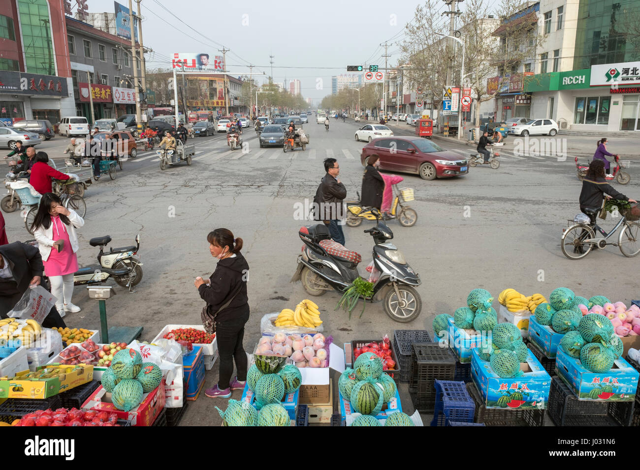 General street scene in Xiong County in Baoding, north China's Hebei province. 09-Apr-2017 Stock Photo