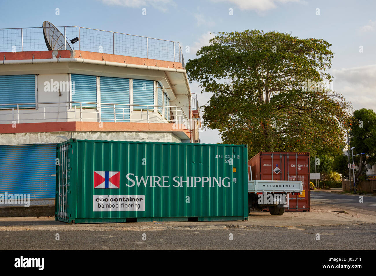 Swire Shipping, Eco Container, Bamboo Flooring, Port Vila, Efate Island, Vanuatu Stock Photo