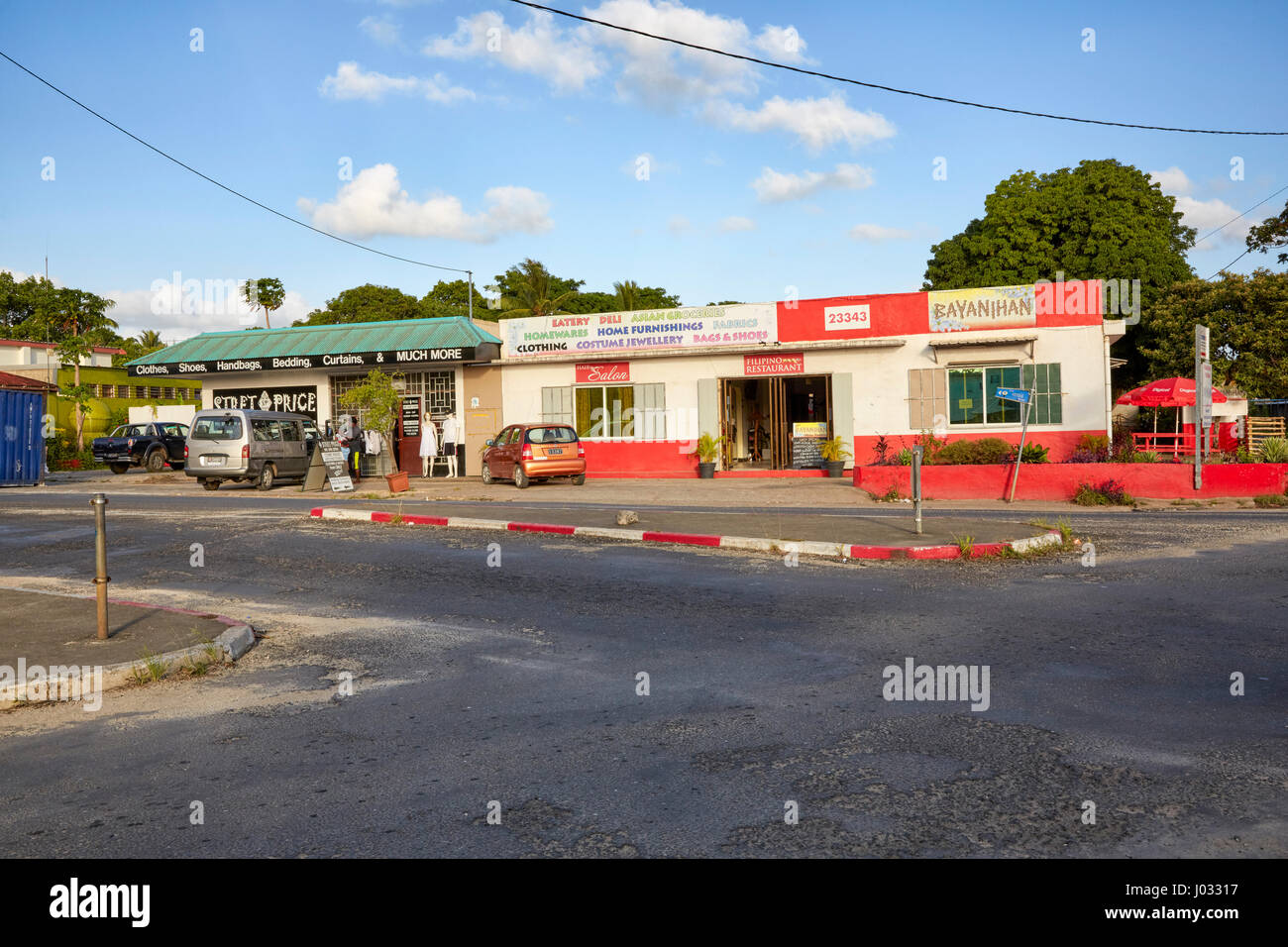 Shopping plaza, Bayanihan Filipino restaurant, Stret Price shop, Port Vila, Efate Island, Vanuatu Stock Photo