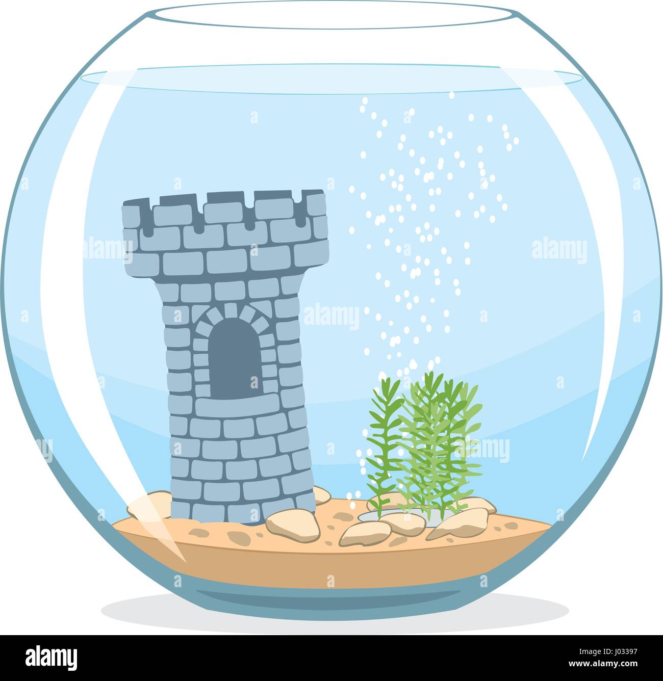 Fishbowl aquarium with castle on white background. Cramped life concept. Vector illustration Stock Vector