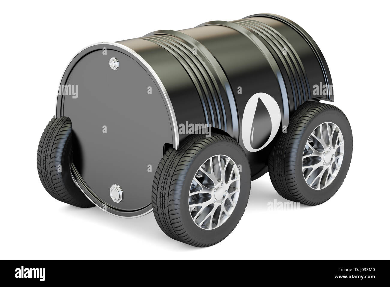 black oil barrel with car wheels, transportation and delivery concept