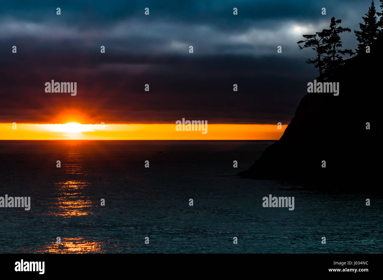 Sunset over the Pacific ocean and rocky coastline with silhouettes of evergreen trees in Nothern California Stock Photo