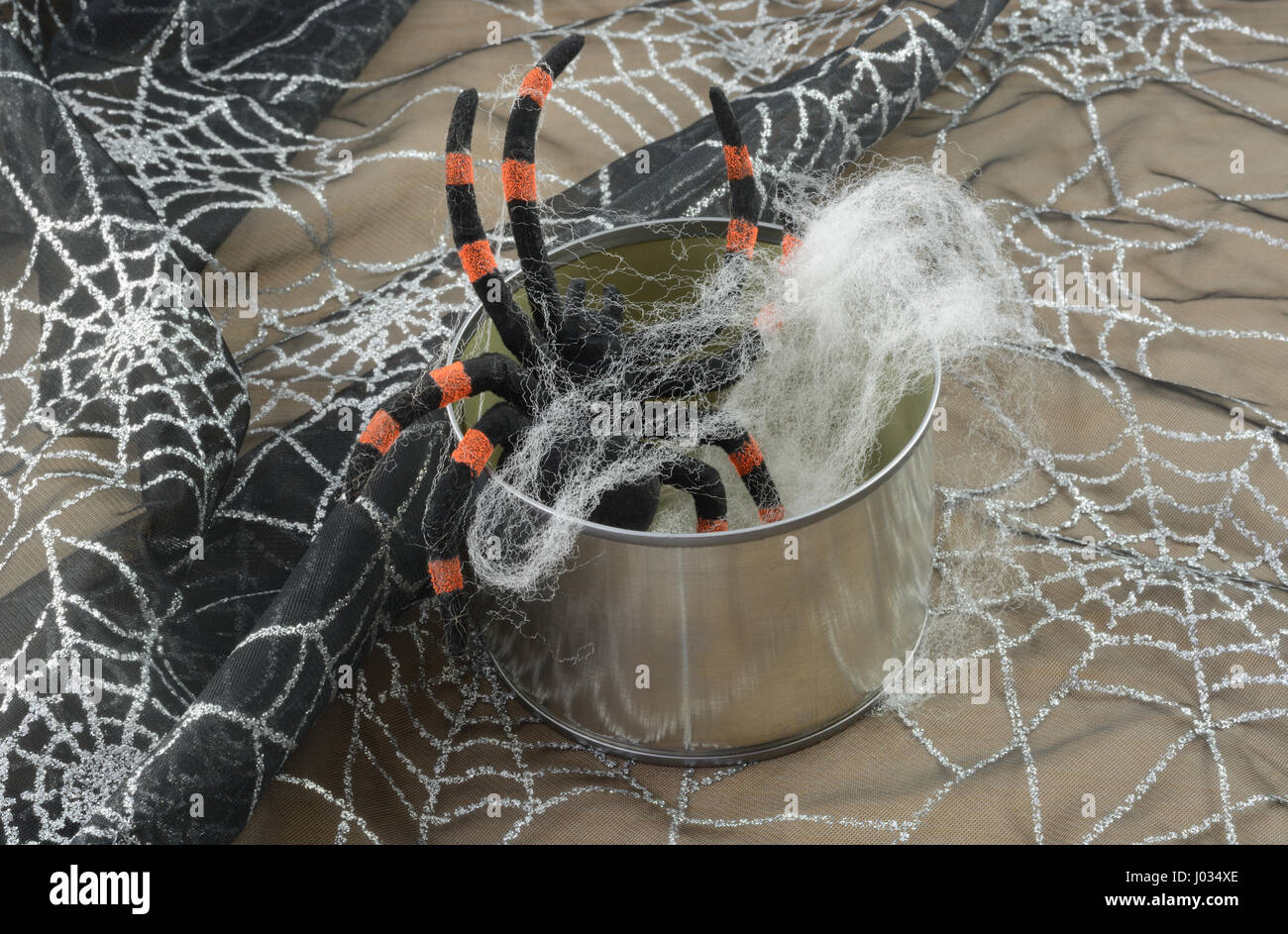 Halloween spider crawling out of can covered with spider webs Stock