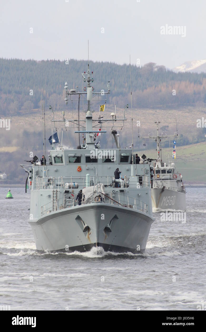 HMS Ramsey (M110) and HNLMS Schiedam (M860), passing Greenock on their arrival for Exercise Joint Warrior 17-1. Stock Photo