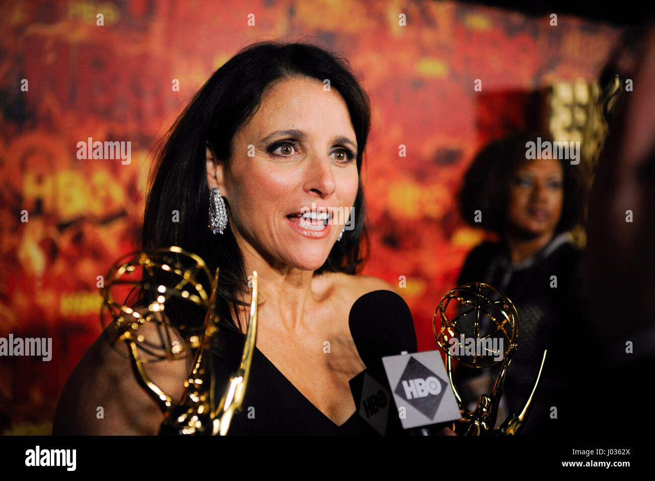 Julia Louis-Dreyfus does an interview with HBO at HBO's 2015 Emmy After Party at the Pacific Design Center on September 20th, 2015 in Los Angeles, California. Stock Photo