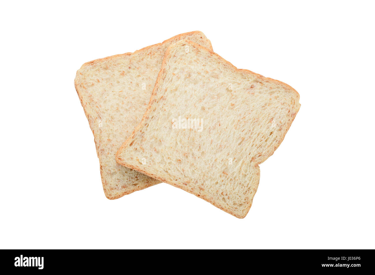 Two fresh whole wheat bread slices isolated on white background with ...