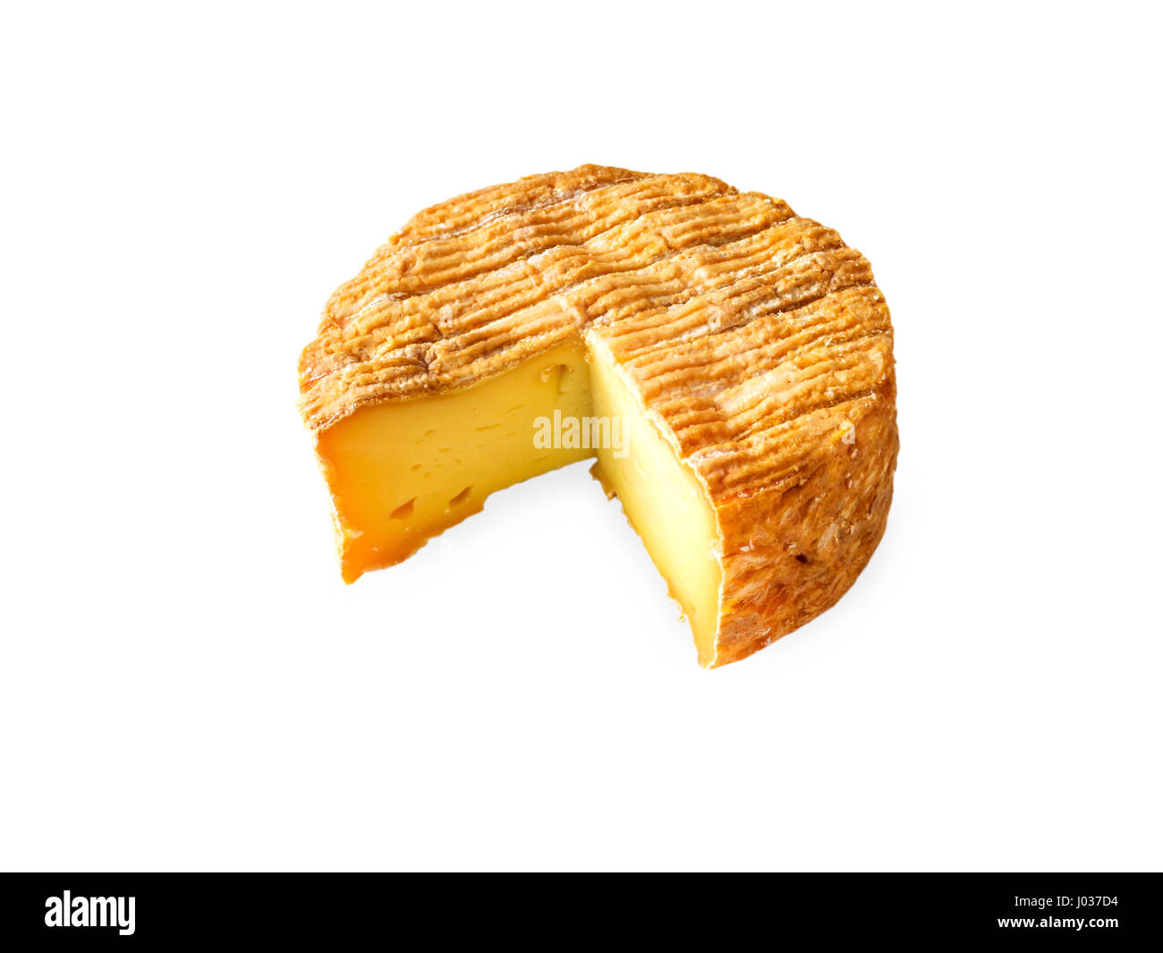 Soft washed-rind cheese round isolated on white Stock Photo