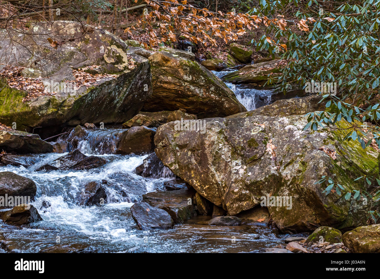 Colt Creek near Saluda North Carolina traverses a ocky path downstream. Stock Photo