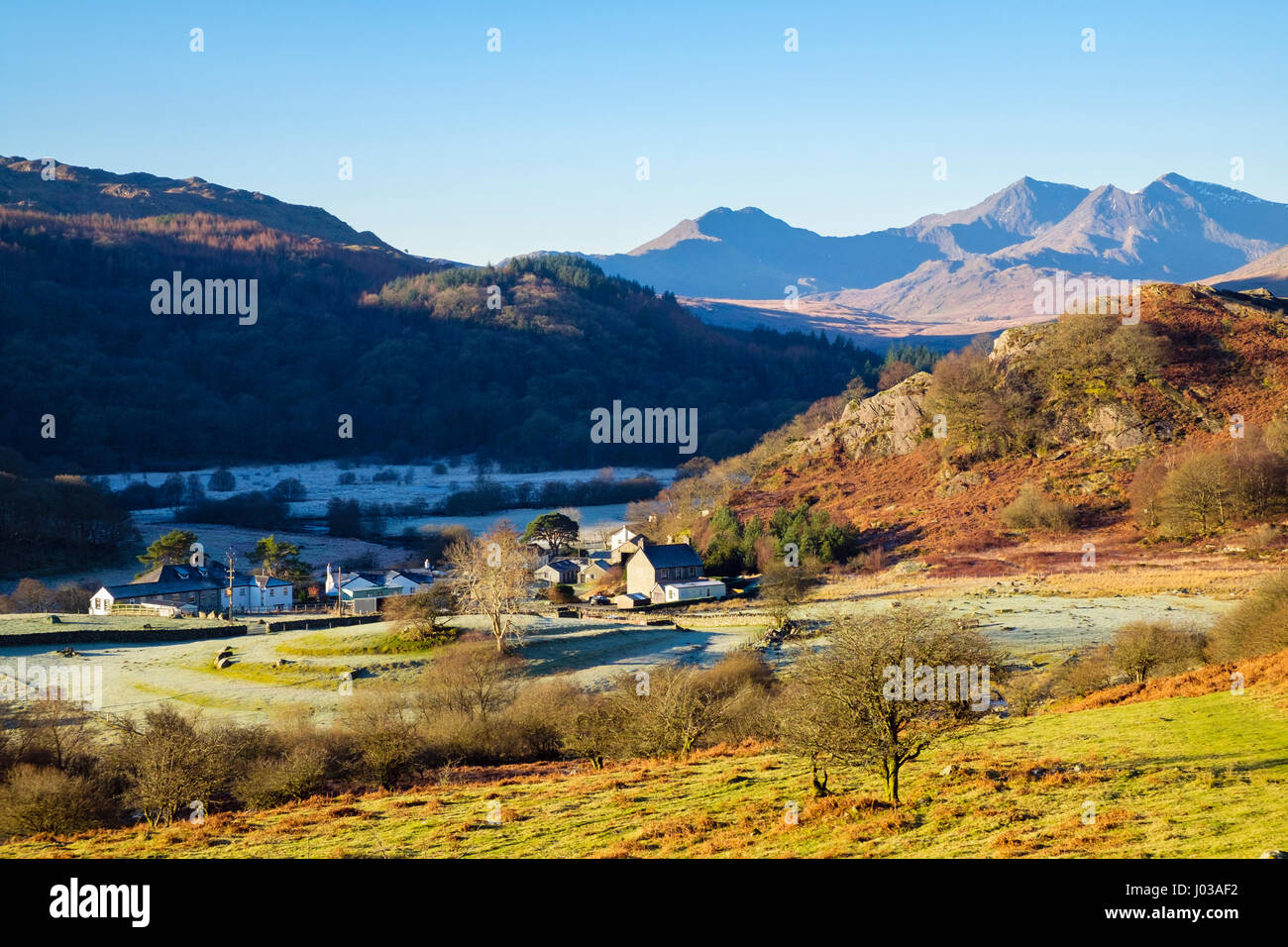 View to Snowdon horseshoe on frosty winter morning in Snowdonia National Park (Eryri) from above Capel Curig, Conwy, North Wales, UK, Britain Stock Photo