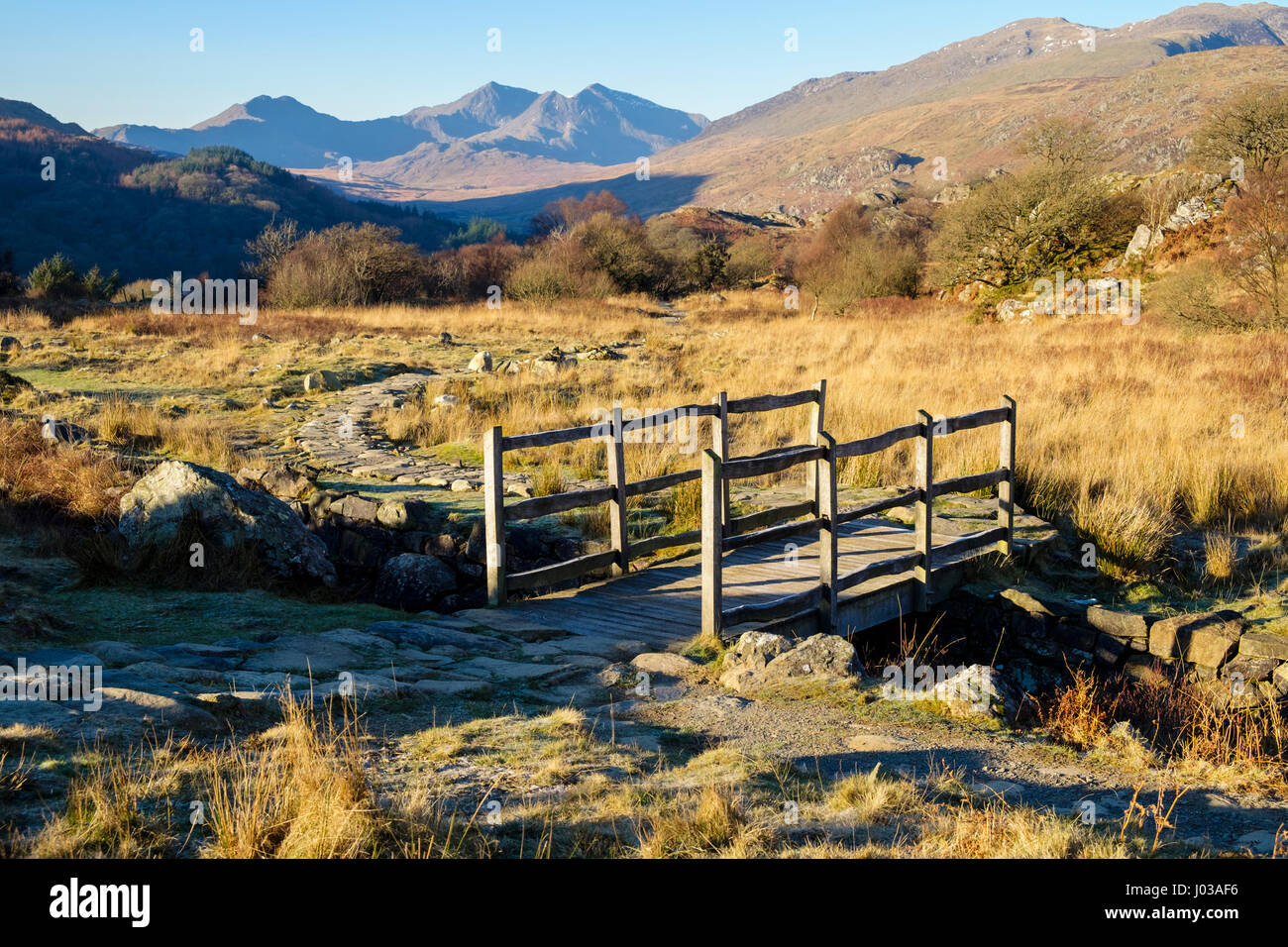 View to Snowdon horseshoe on frosty winters morning in Snowdonia National Park (Eryri) near Capel Curig, Conwy, North Wales, UK, Britain Stock Photo